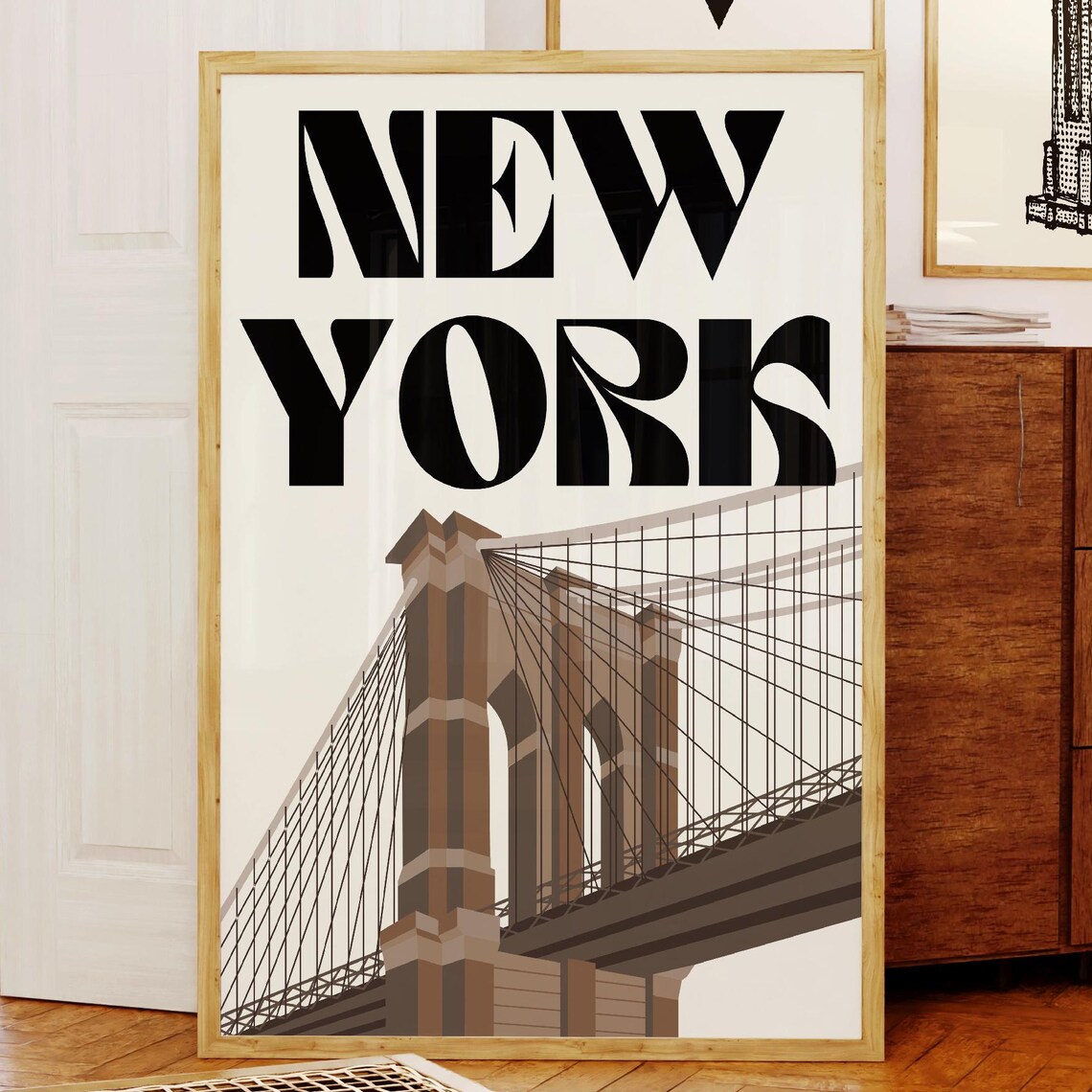 New York Brooklyn Bridge Bold Black Typography Travel Poster