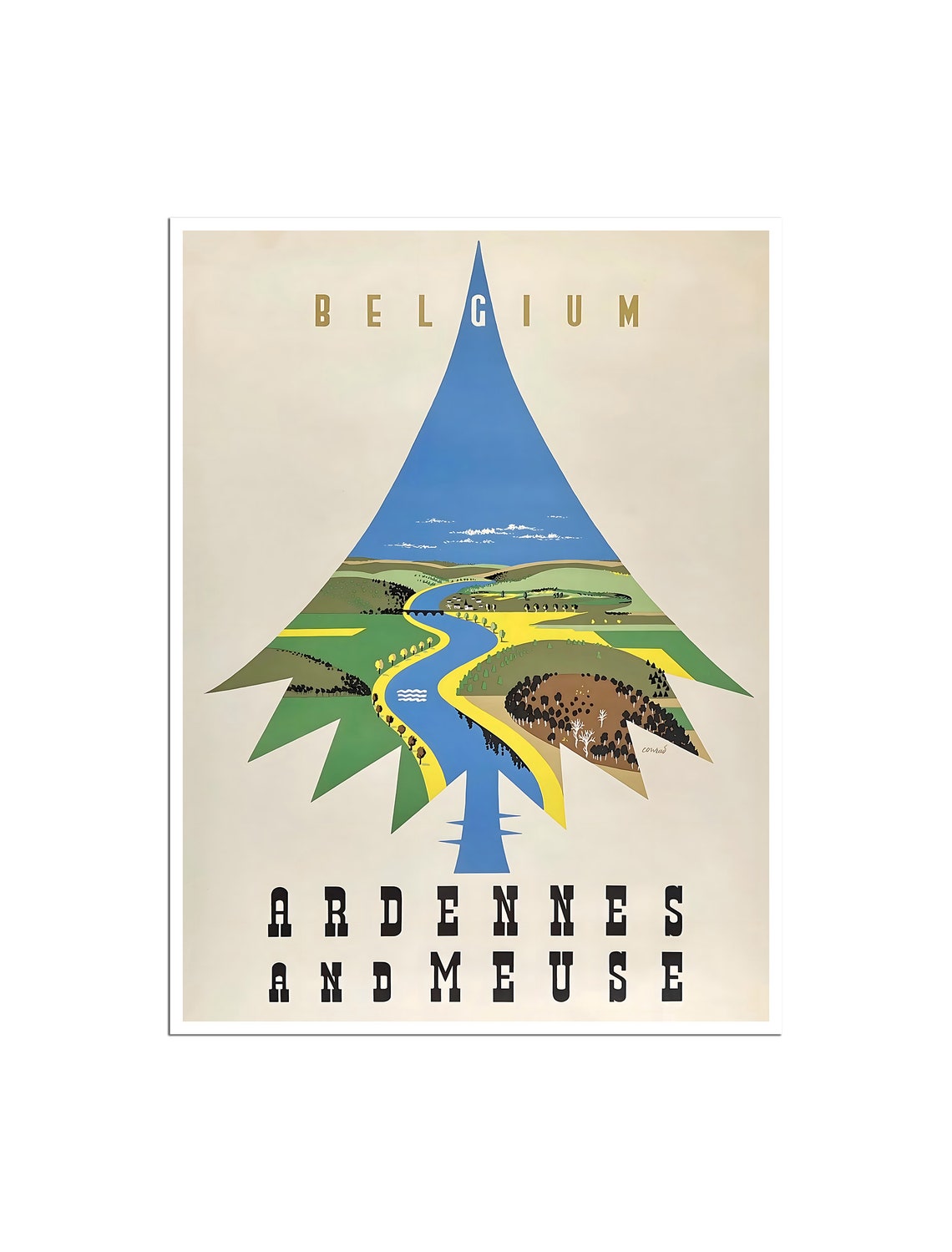 Belgium Ardennes And Meuse Pine Tree Landscape Vintage Poster