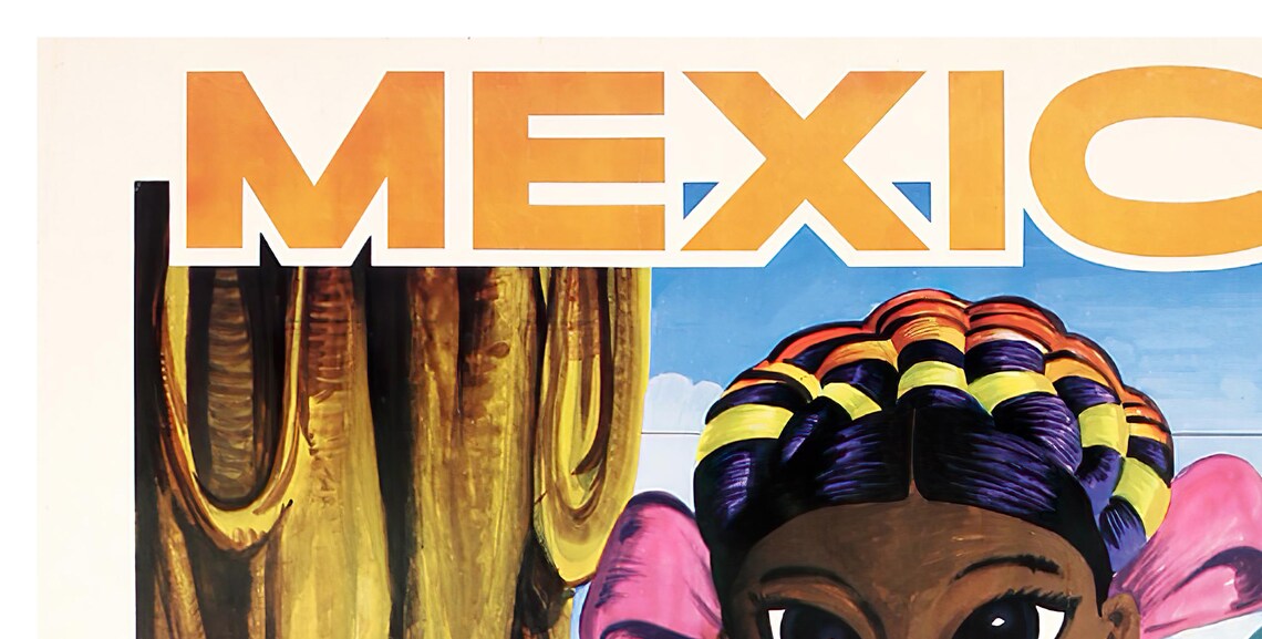 Mexico Mexicana Girl Doll Volcano Folk Art Vintage Travel Poster - Image 2