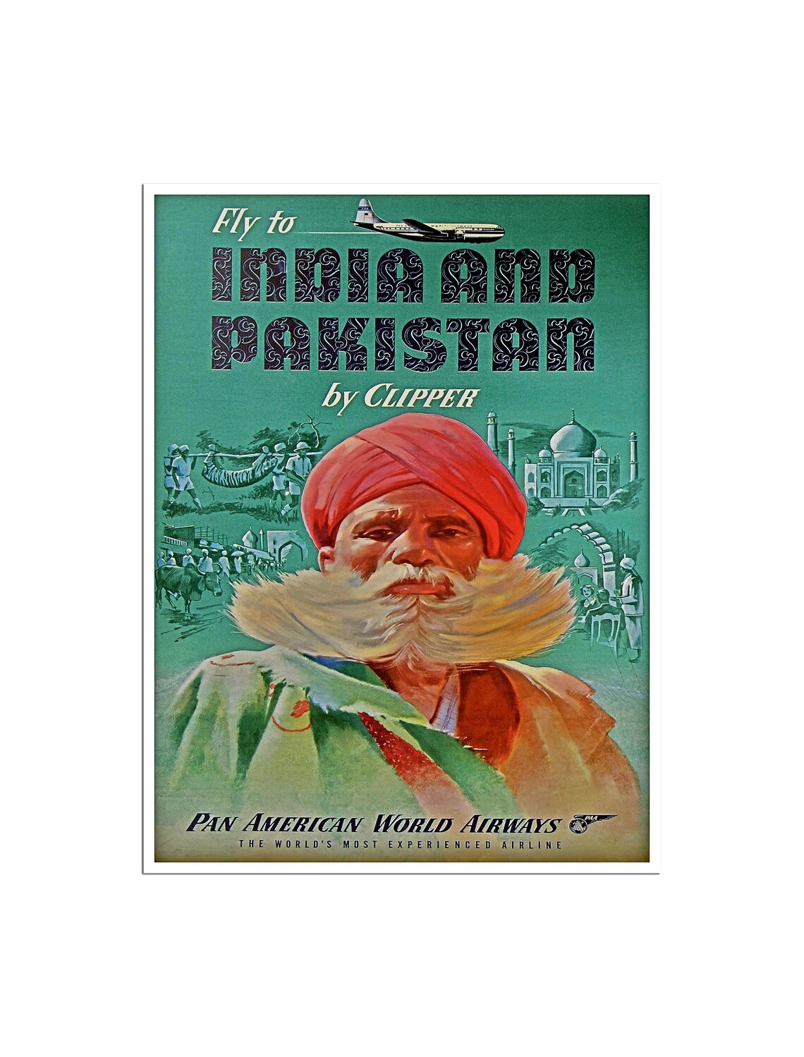 India and Pakistan by Clipper Pan Am Vintage Sikh Turban Travel Poster