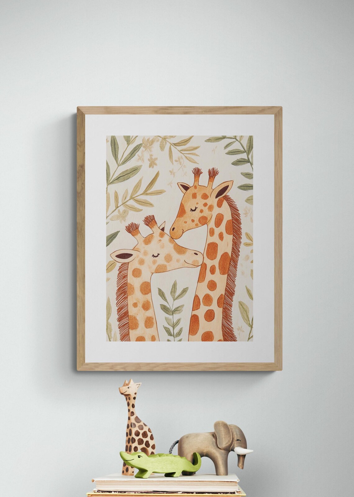 Giraffe Hugs Two Giraffes Nuzzling Botanical Safari Nursery Wall Art Poster