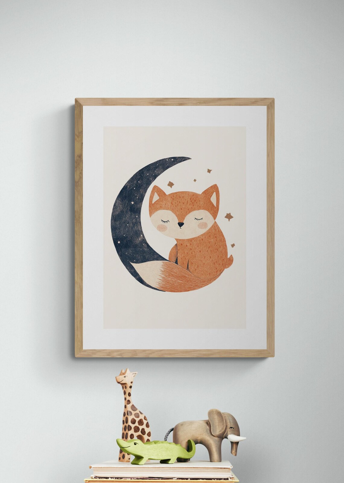 Sleeping Fox And Crescent Moon Stars Cute Nursery Animal Wall Art Print