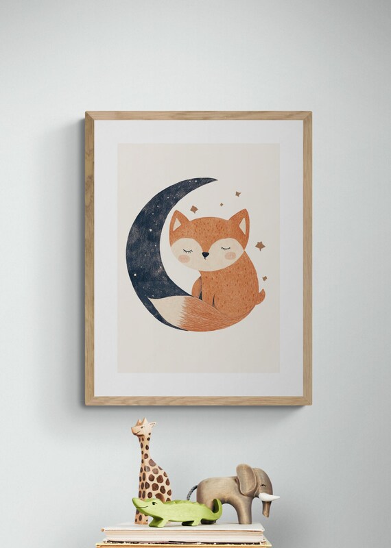 Sleeping Fox And Crescent Moon Stars Cute Nursery Animal Wall Art Print