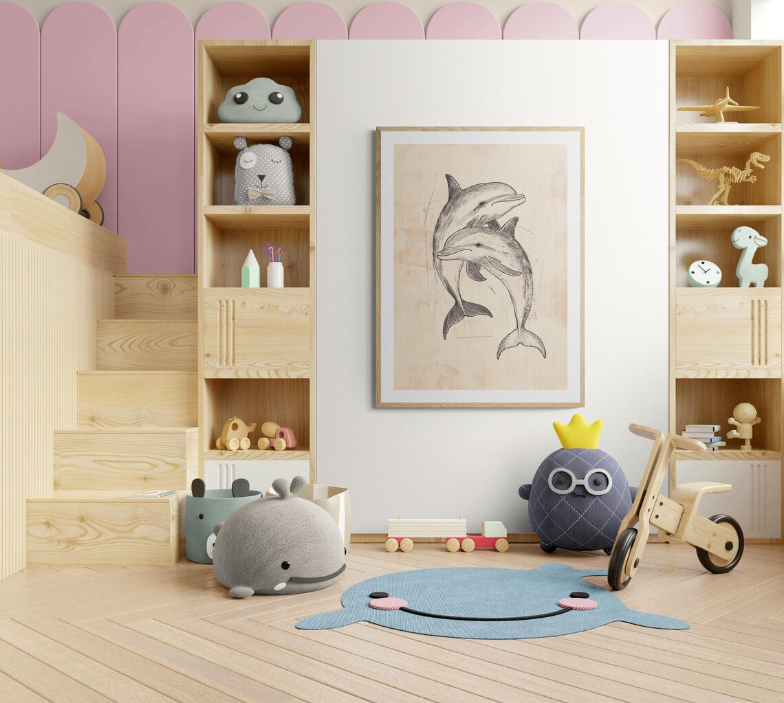 Two Dolphins Leaping Hand Drawn Sketch Ocean Nursery Coastal Kids Art Print - Image 3