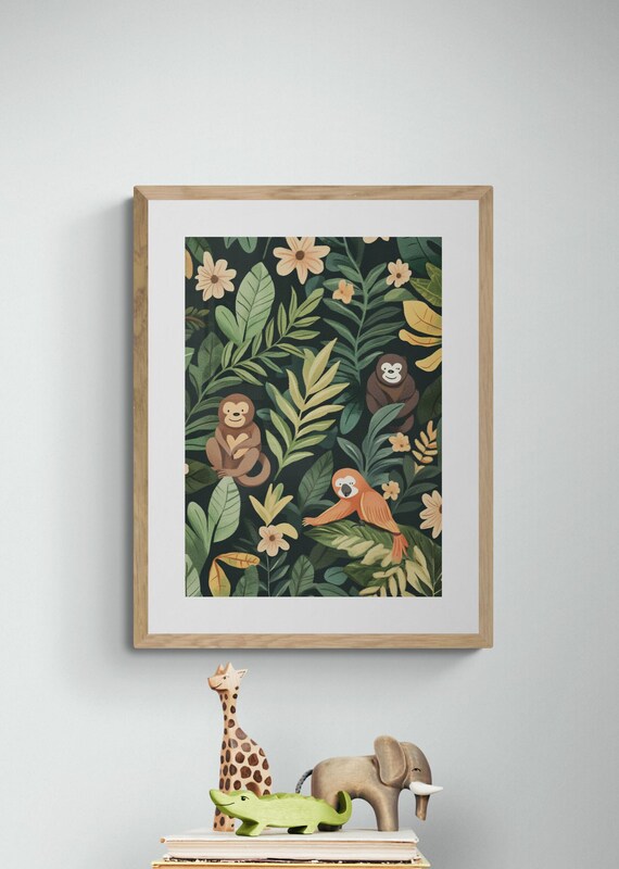 Rainforest Friends Monkeys Sloth Tropical Jungle Leaf Nursery Wall Art Print