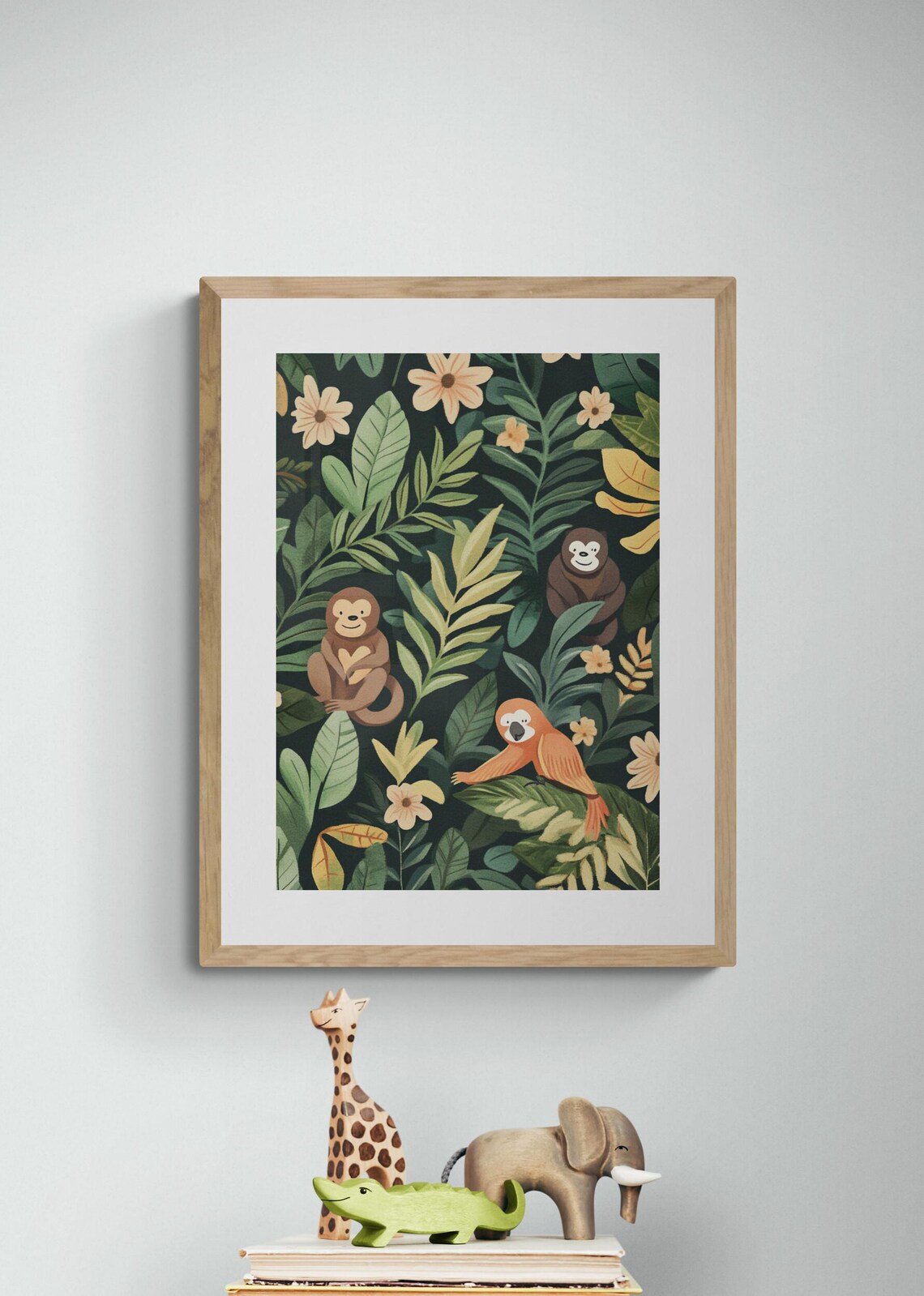 Rainforest Friends Monkeys Sloth Tropical Jungle Leaf Nursery Wall Art Print