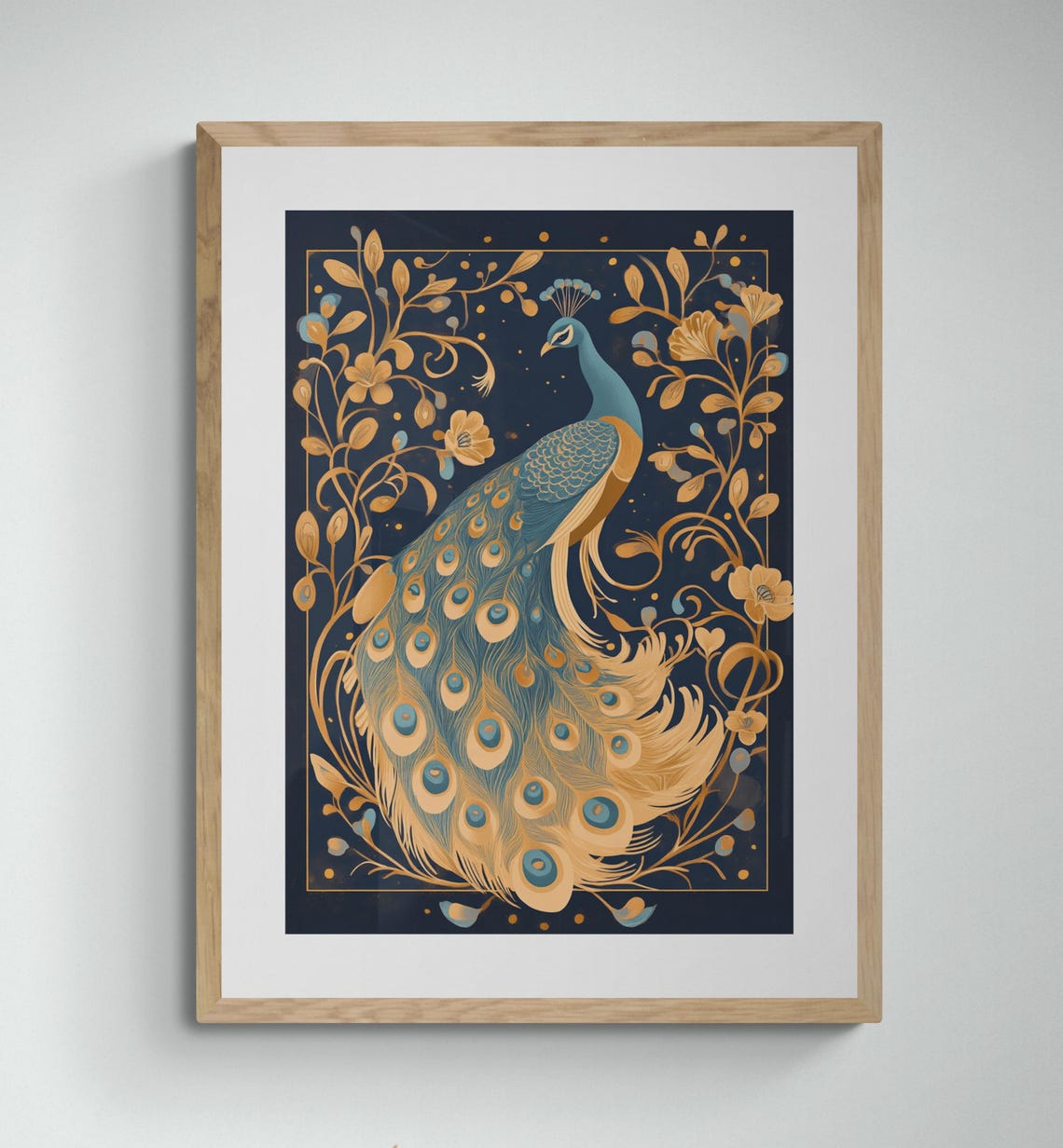 Art Nouveau Peacock Gold Navy Plumage Ornate Floral Dark Wall Art