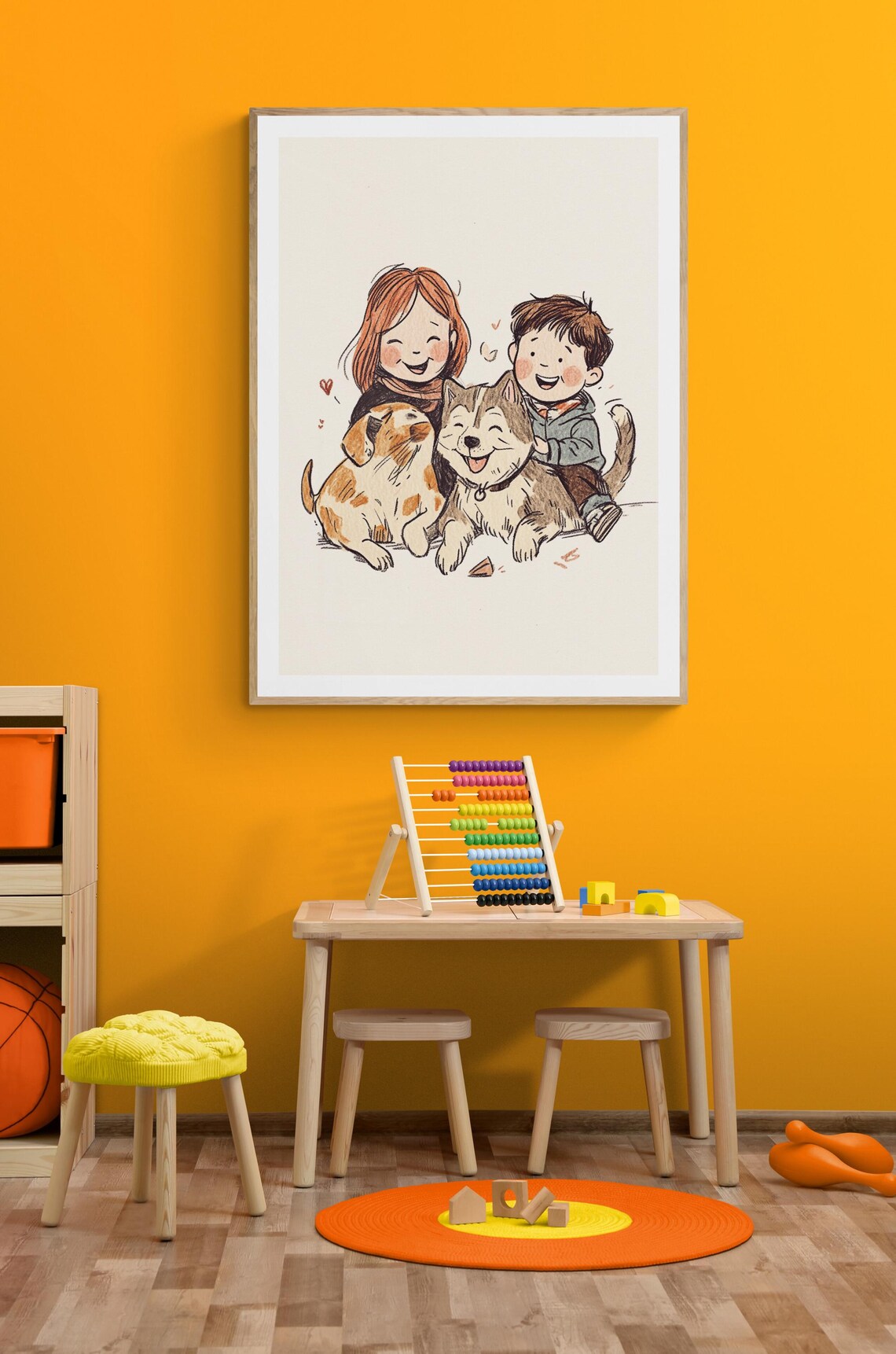 Happy Kids With Dogs Girl Boy Best Friends Cute Nursery Wall Art Poster - Image 2