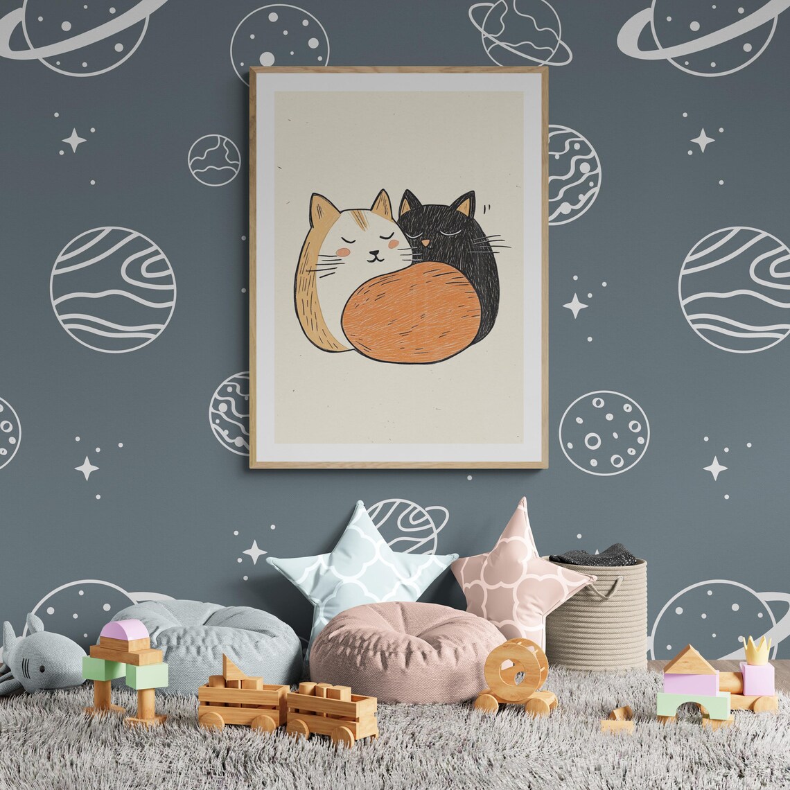 Two Sleeping Cats Cuddling Cute Cartoon Kawaii Cats Nursery Wall Art Print - Image 2