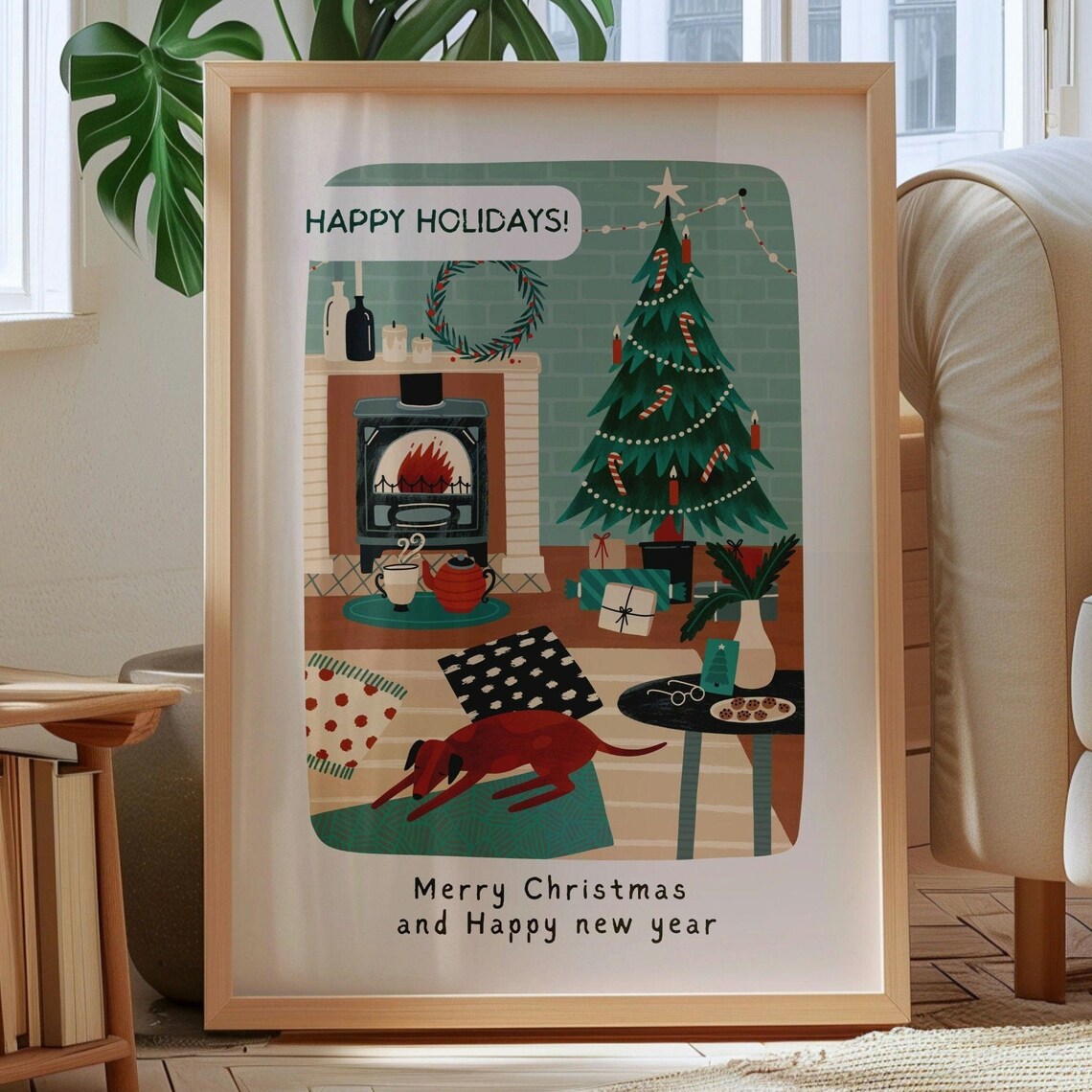 Happy Holidays Cozy Living Room Christmas Dog Retro Illustration Wall Art - Image 2