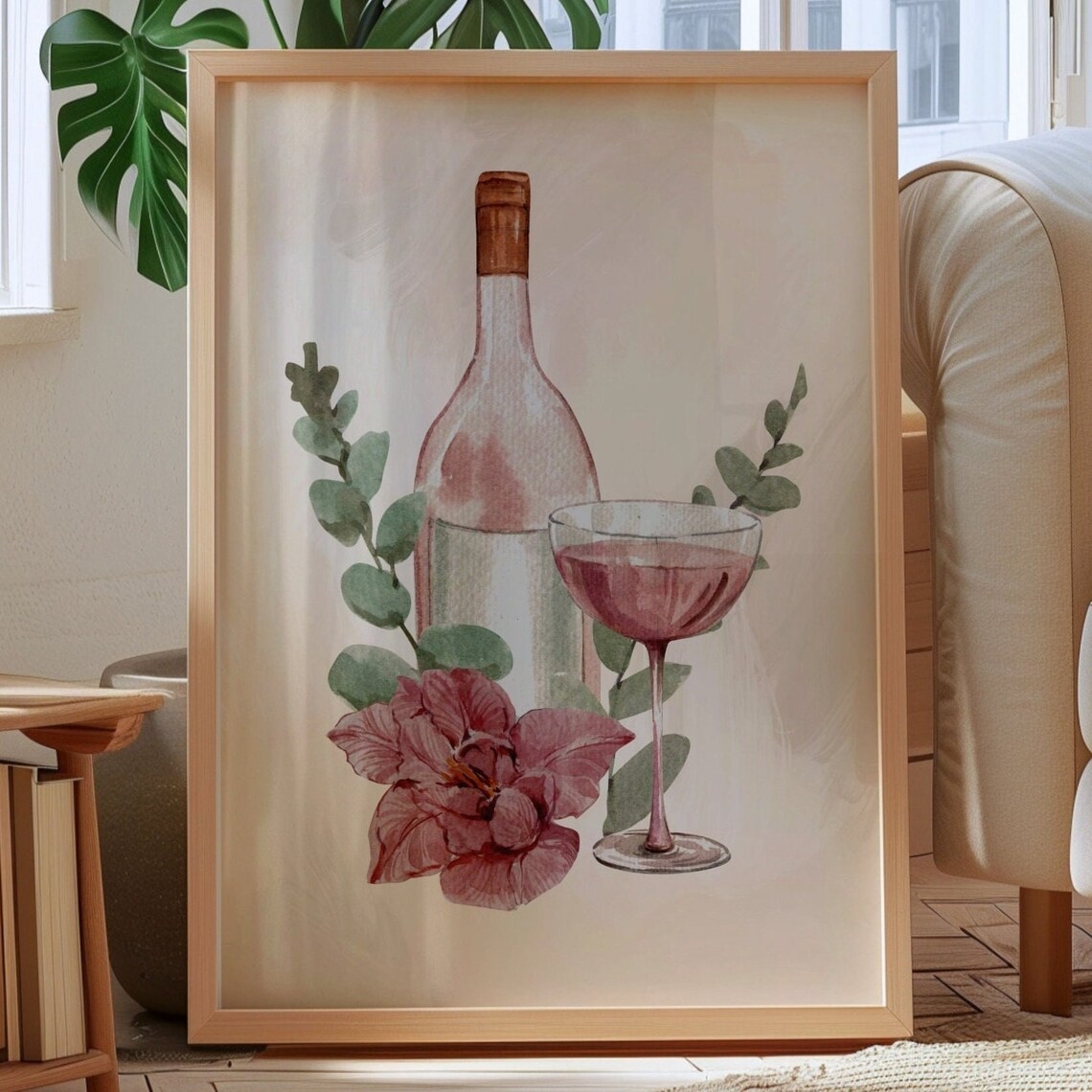 Elegant Pink Wine Bottle Coupe Glass Watercolor Floral Poster