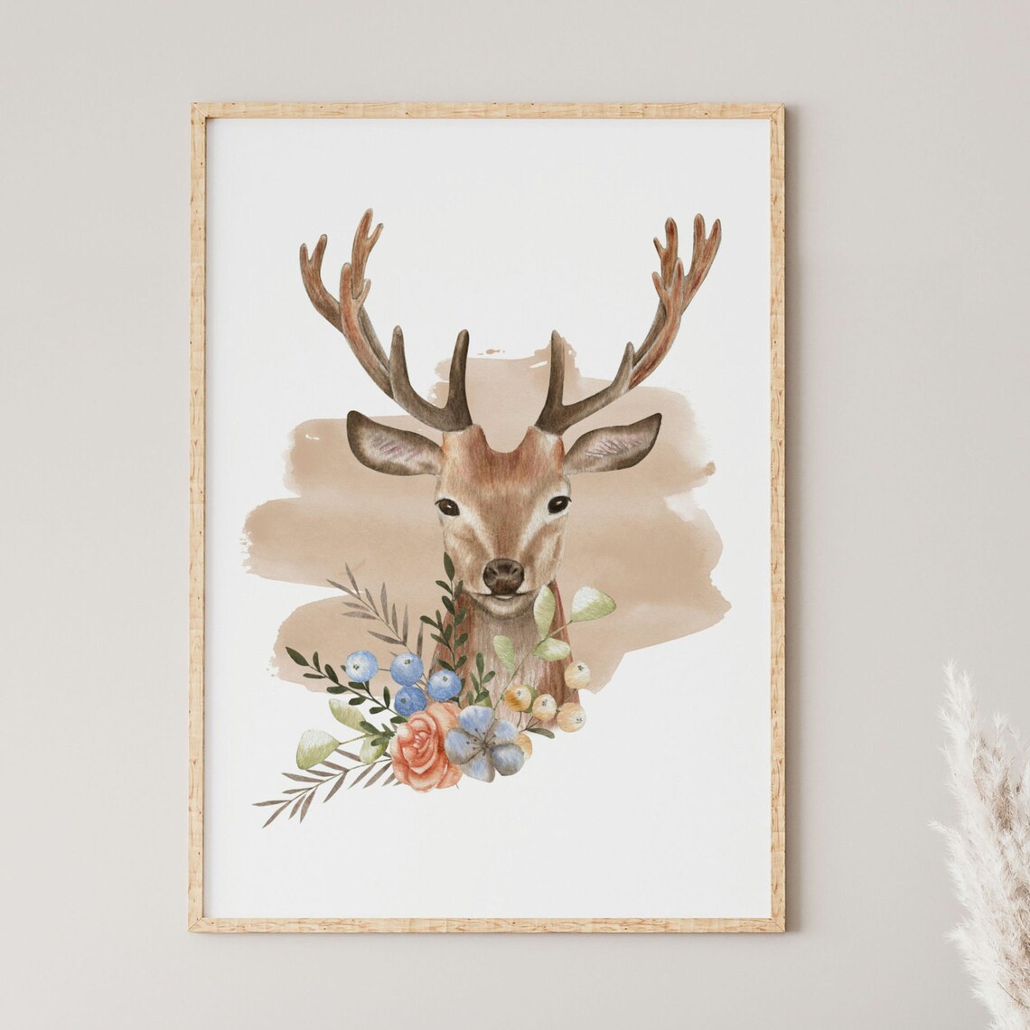 Watercolor Deer Head Floral Wreath Antlers Christmas Wall Art