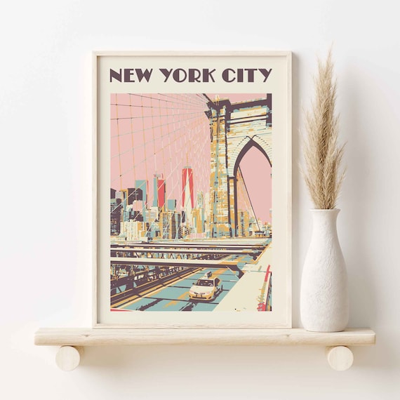 New York City Retro Brooklyn Bridge Yellow Taxi Cityscape Poster