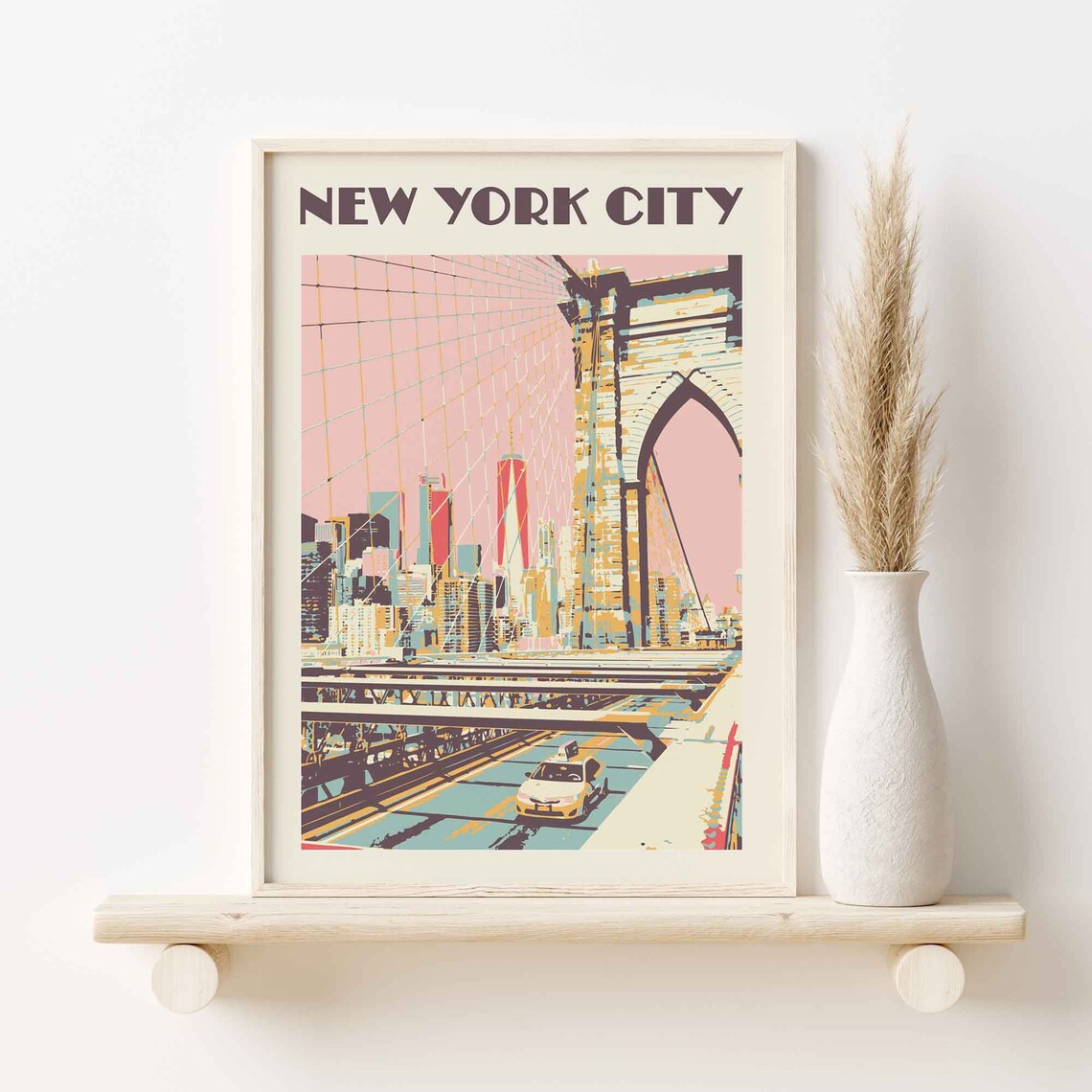 New York City Retro Brooklyn Bridge Yellow Taxi Cityscape Poster