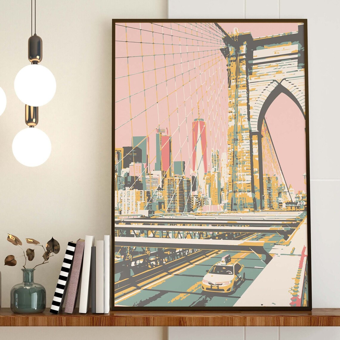 New York Retro NYC Travel Poster, Brooklyn Bridge