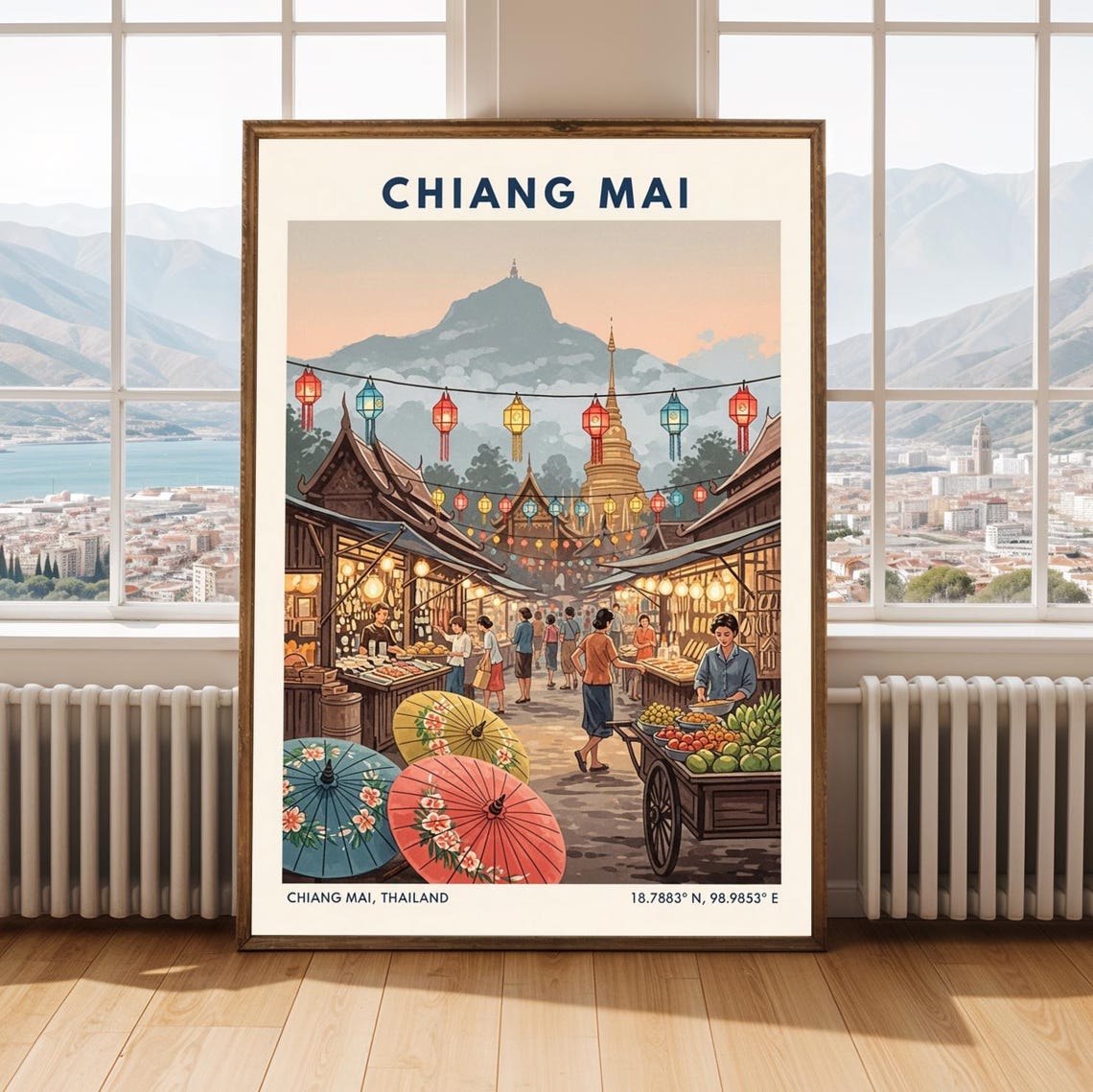 Chiang Mai Thailand Night Market Lanterns Temple Vintage Poster