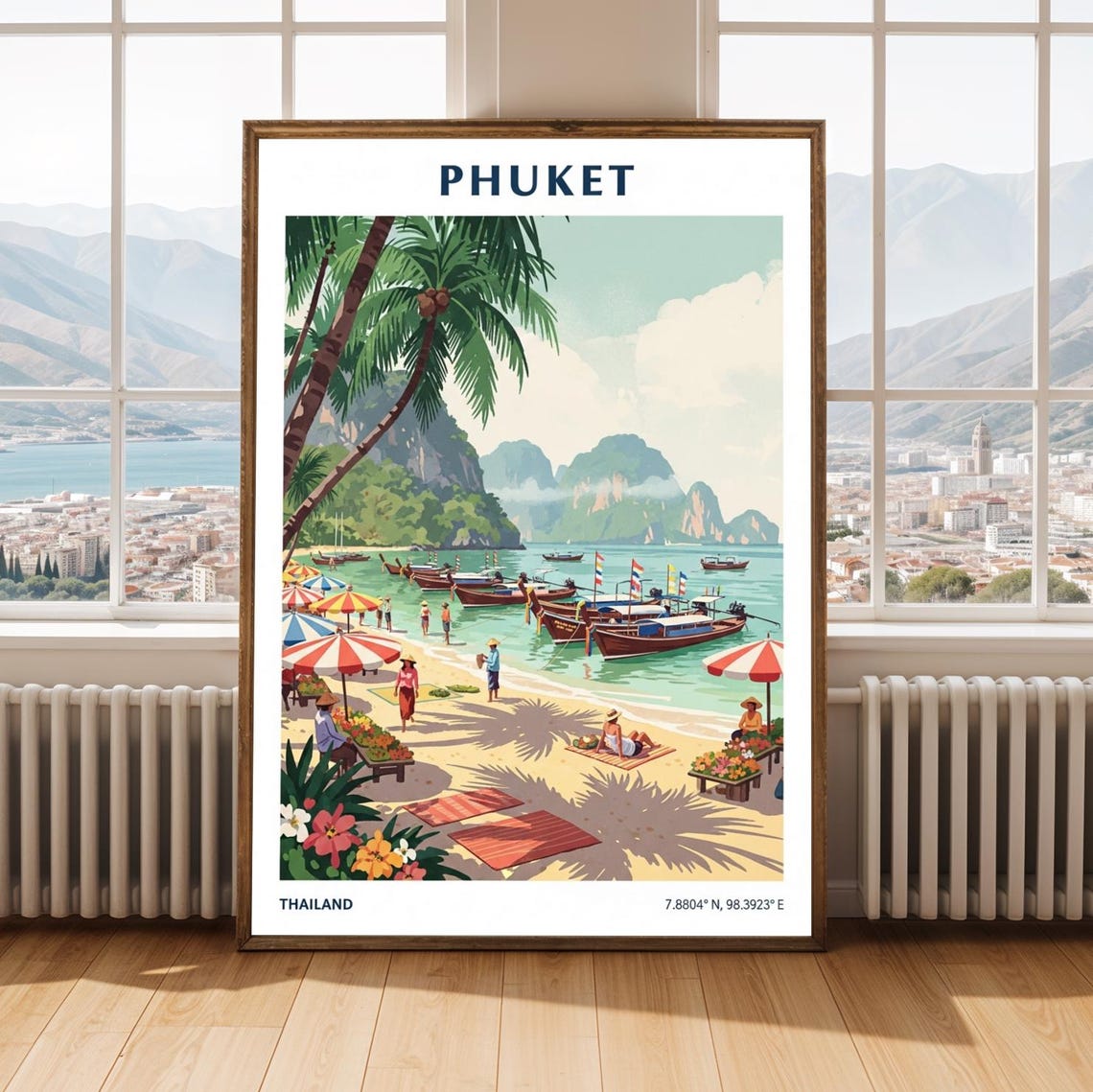 Phuket Vintage Travel Poster Thailand Longtail Boats Beach Art