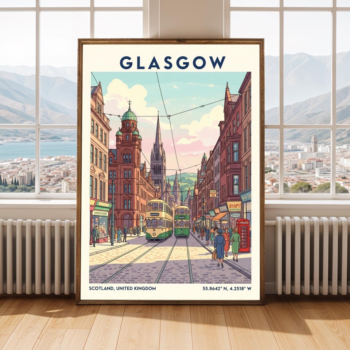 Glasgow Scotland Historic Vintage Trams Street Travel Poster