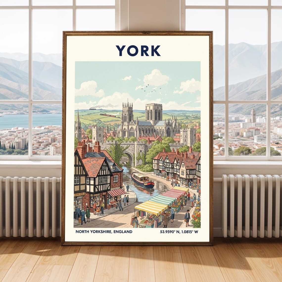 York Minster Riverside Market Scene Vintage England Travel Poster