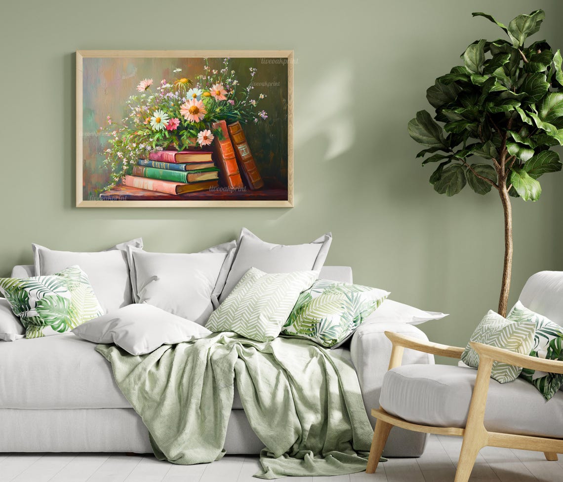 Moody Green Stack Of Books With Wildflowers Vintage Botanical Library Art Dark Academia Wall Decor Whimsical Floral Book Print - Image 3
