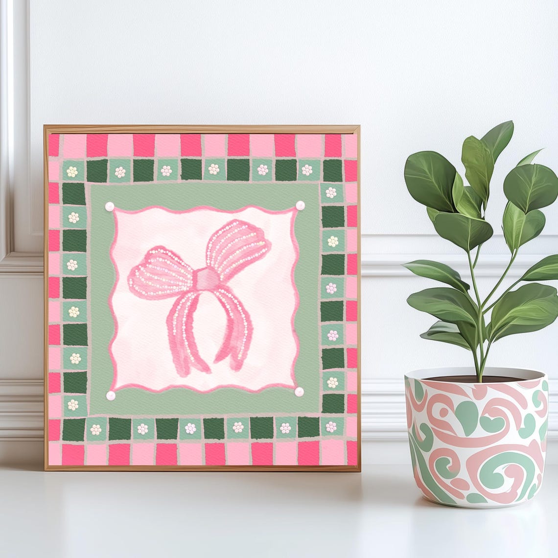 Pink Pearl Bow On Mint Green And Pink Checkerboard Square Poster