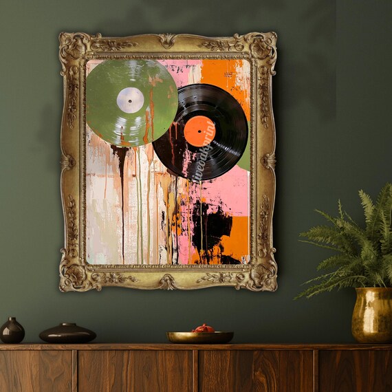 Vintage Vinyl Record Painting Olive Green Orange And Pink Records Mid Century Music Wall Art Colorful Record Player Decor