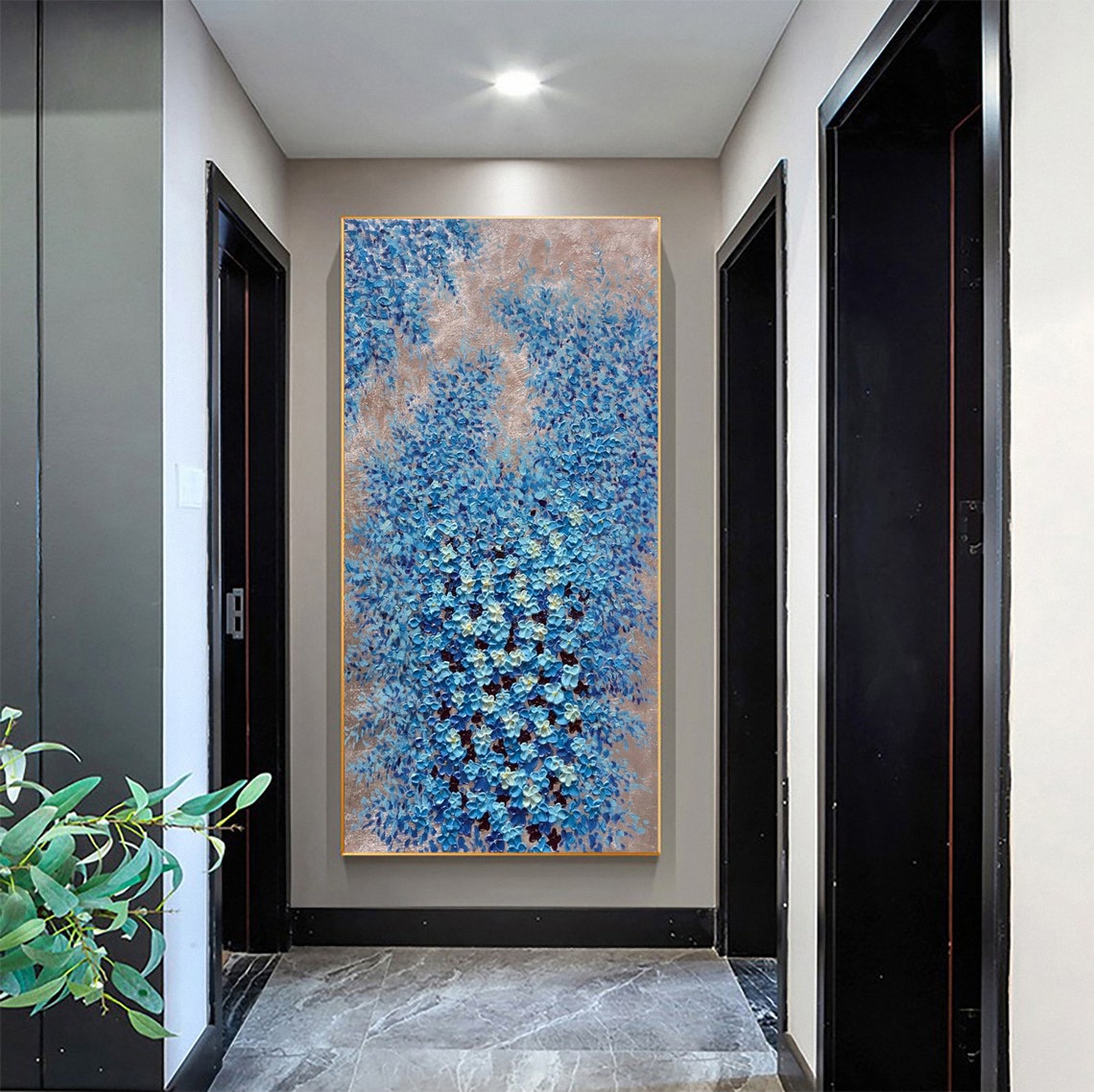 Blue Blossom Flower Wall On Rose Gold Textured Oil Painting Poster - Image 4
