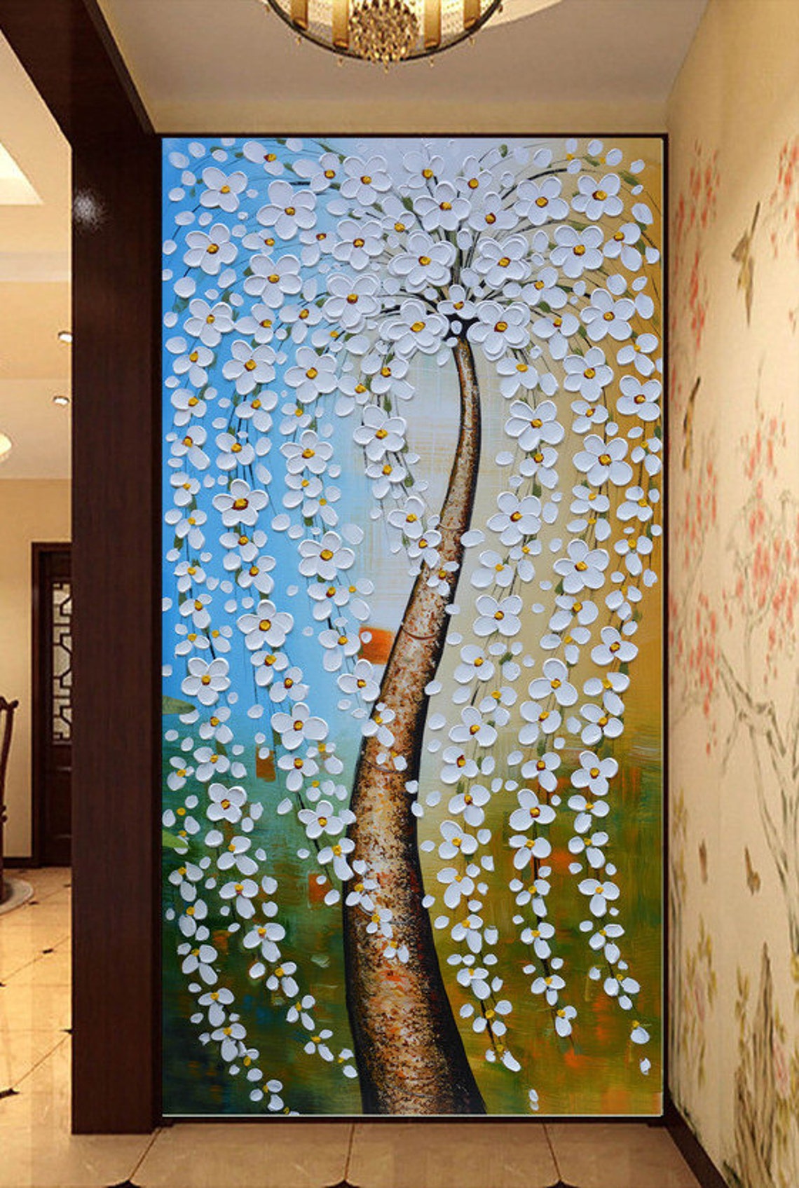 White Weeping Flower Tree On Blue Gold Textured Oil Paint Poster - Image 2