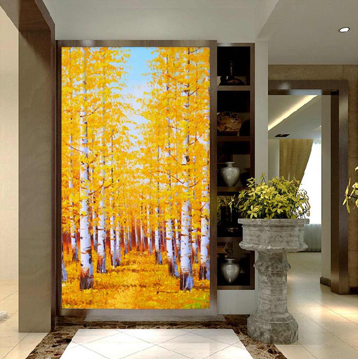 Golden Yellow Birch Forest With White Trunks Autumn Oil Poster - Image 3