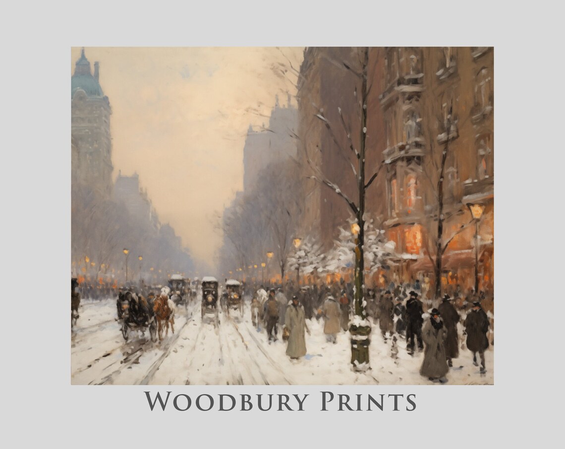 Snowy City Street Bustling Winter Night Carriage Scene Poster