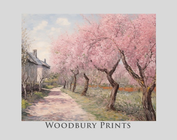 Beautiful Sunny Spring Day With Trees Lining A Path Behind Houses Vintage Inspired Landscape Print