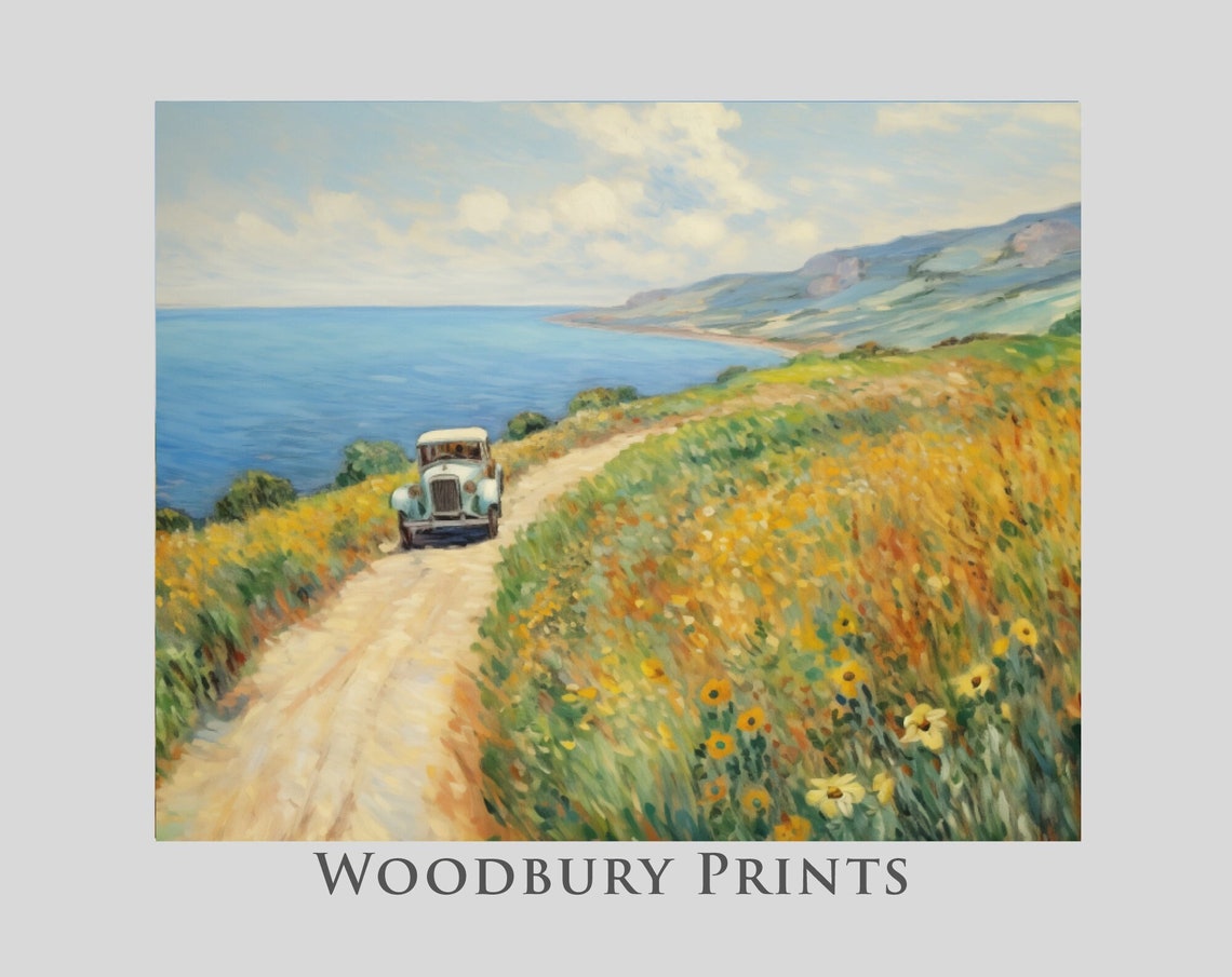 Vintage Car Driving On A Wildflower Coastal Road In Summer Poster