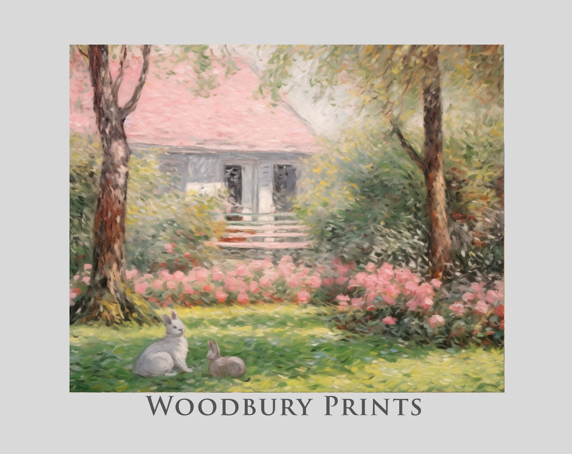 Two Rabbits In A Spring Backyard With Pink Blossom Bushes Poster