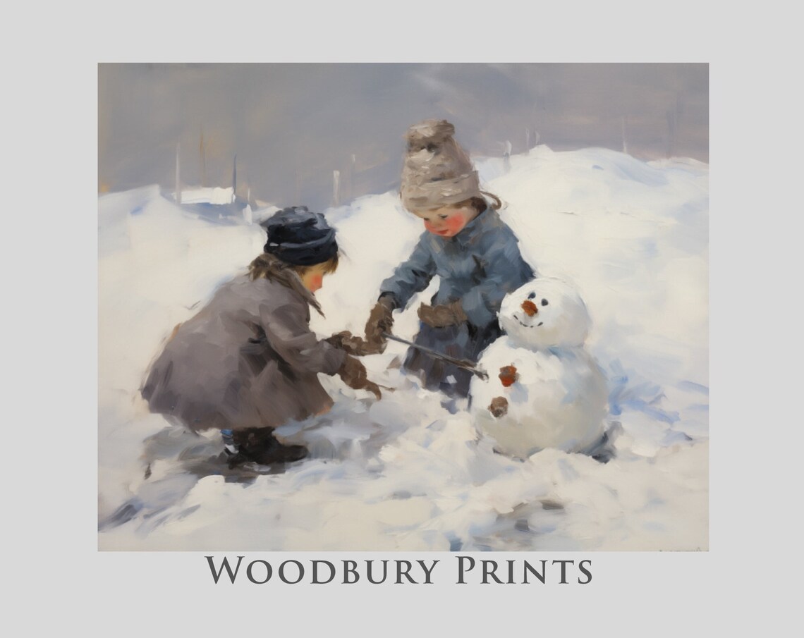 Children Making a Snowman, Vintage Landscape Art Print