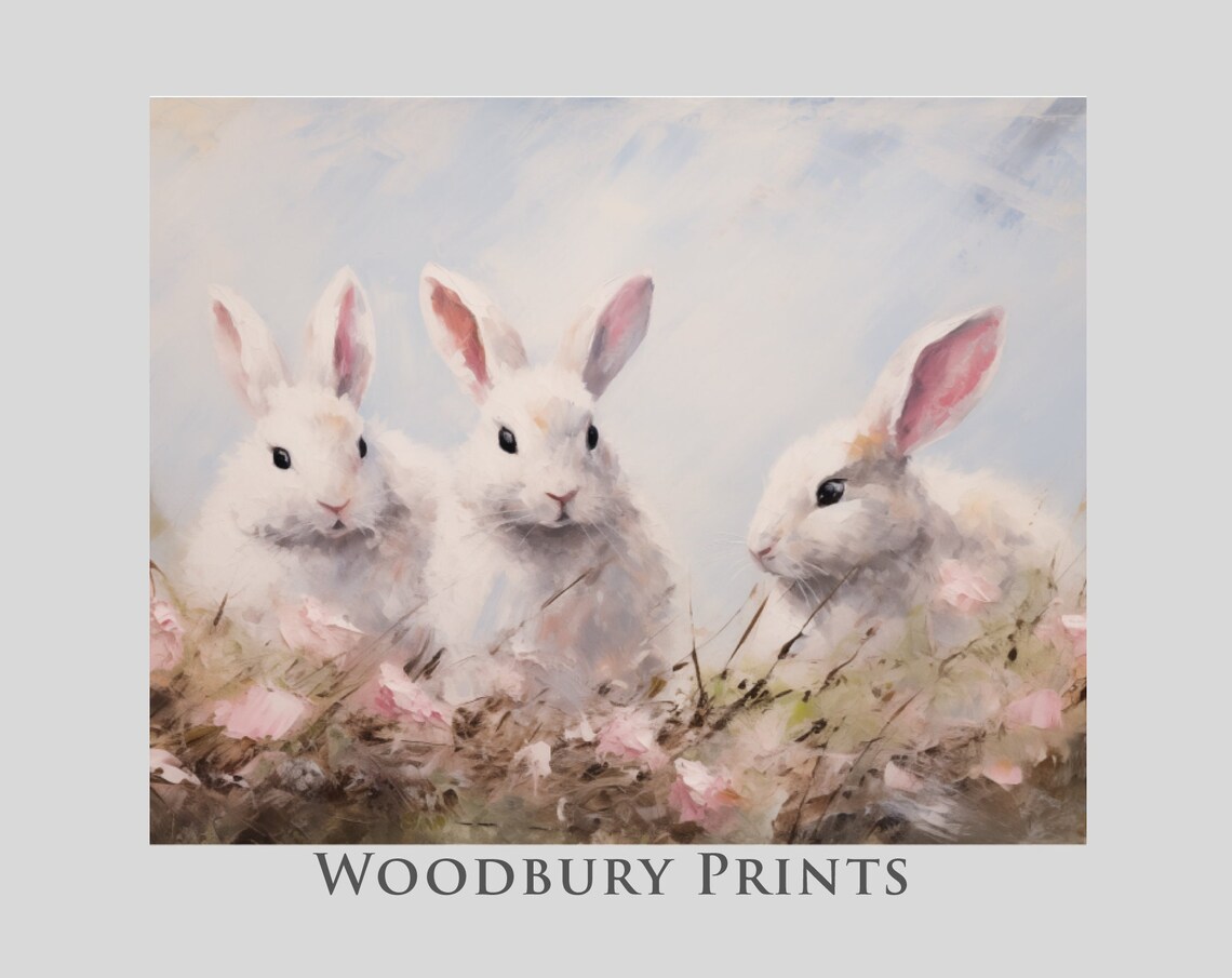 Three White Bunnies in a Spring Meadow Soft Watercolor Poster