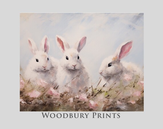 Three White Bunnies in a Spring Meadow Soft Watercolor Poster