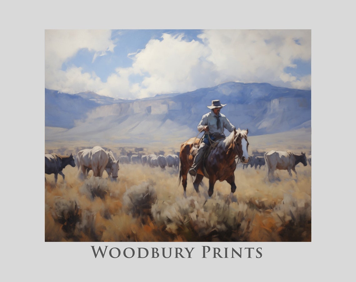 Cowboy On Horseback Herding Cattle In Western Plains Art Poster