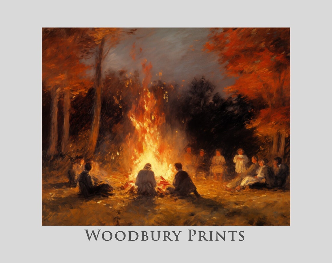 Friends Gathered Around a Fall Bonfire on an Autumn Night Poster