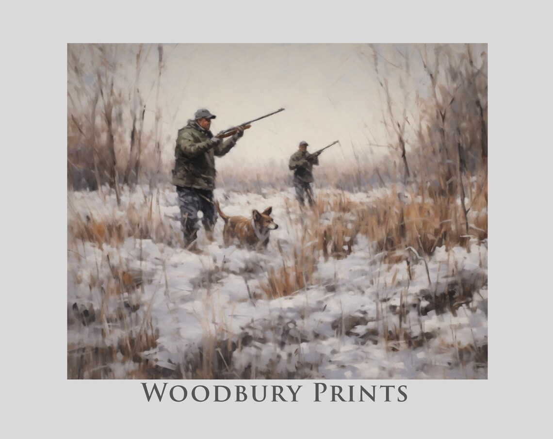 Hunters With A Dog Walking A Snowy Winter Field Vintage Poster