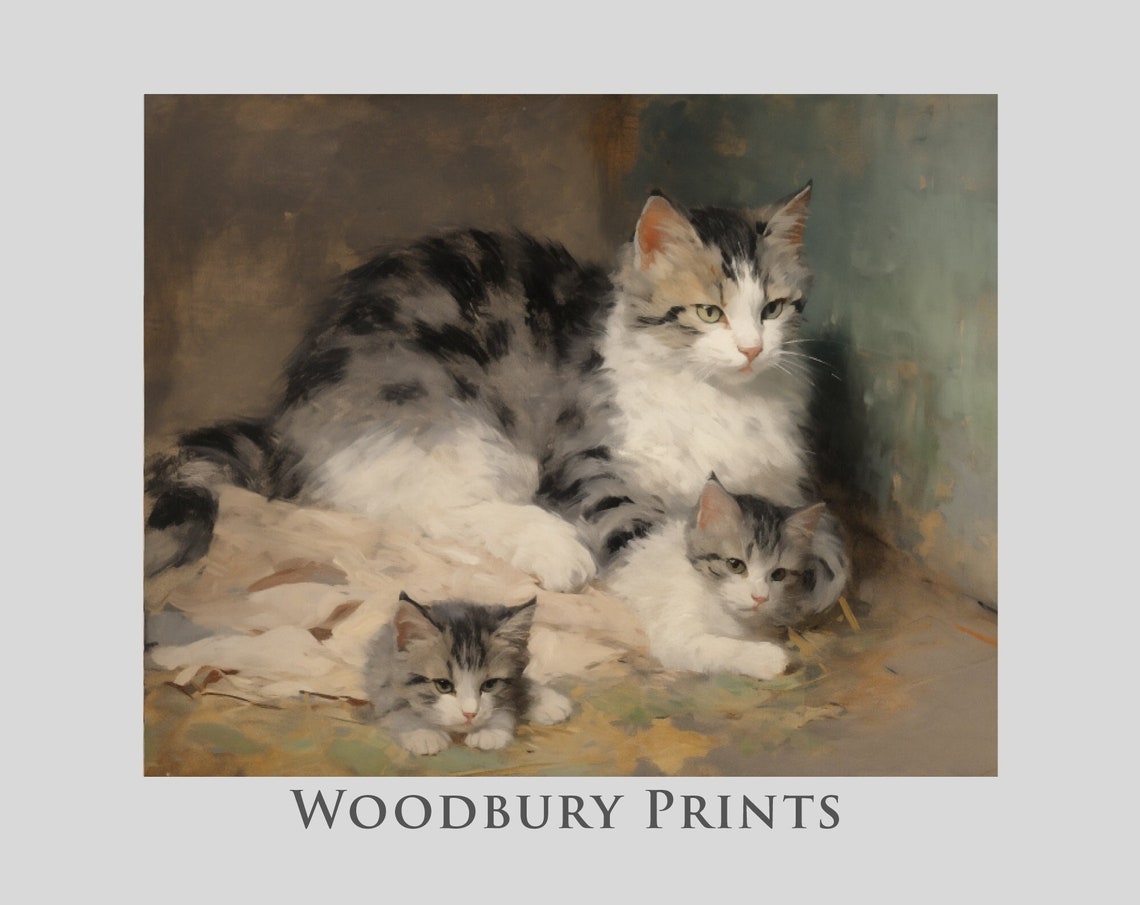 Mother Cat With Two Kittens Vintage Style Pet Portrait Poster
