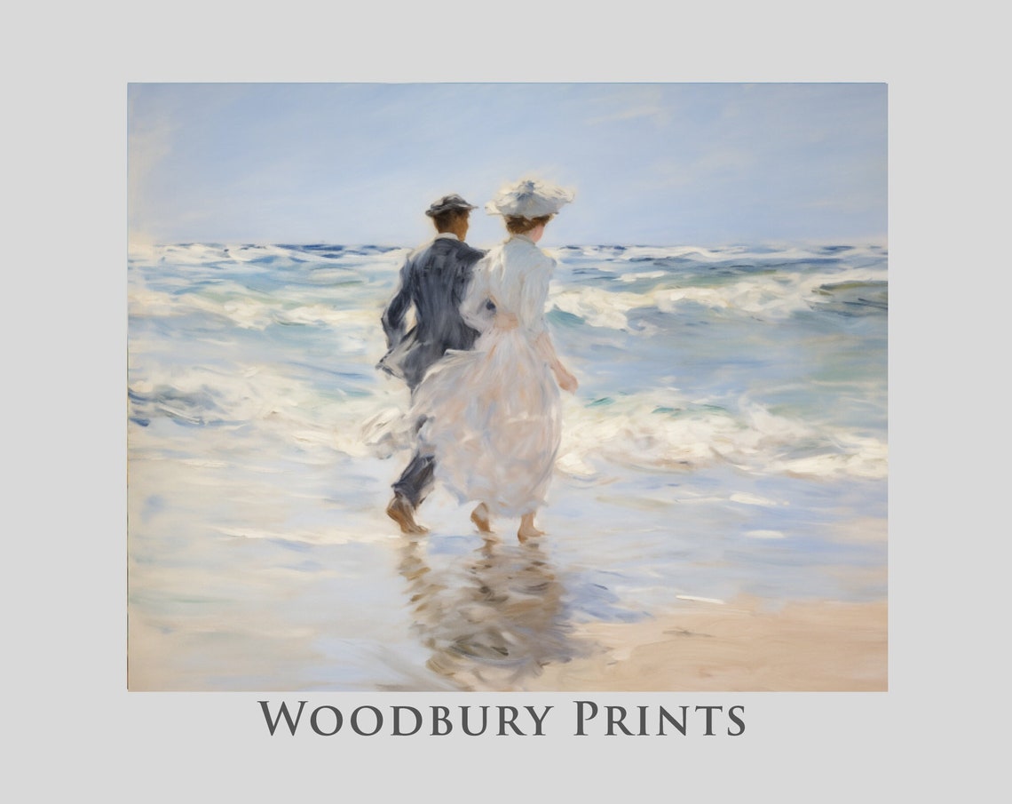 Romantic Couple Strolling Hand In Hand Through The Ocean Surf Poster