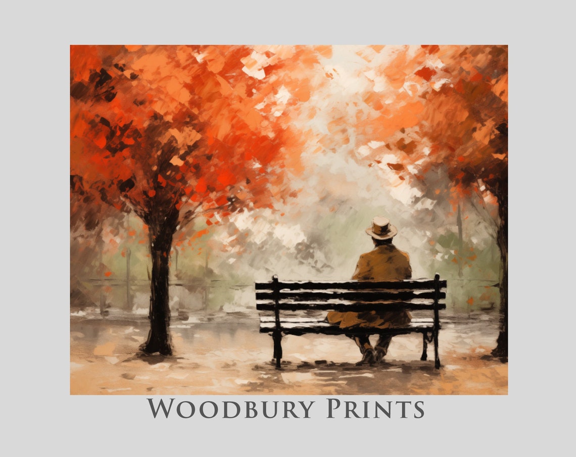 Man Sitting Alone On A Park Bench Beneath Autumn Trees Wall Art