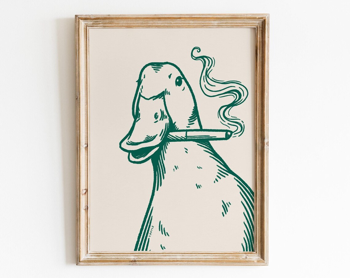 Smoking Duck Green Retro Line Art Quirky Funny Bathroom Poster