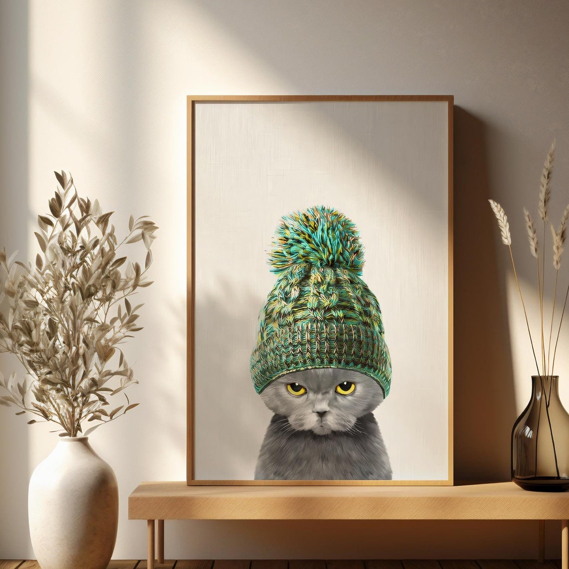 Grumpy British Shorthair Cat in Knit Winter Hat Funny Poster