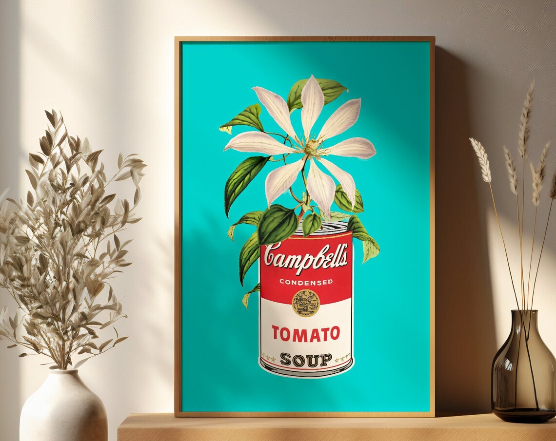 Campbell's Tomato Soup Can with White Lily Floral Art Poster