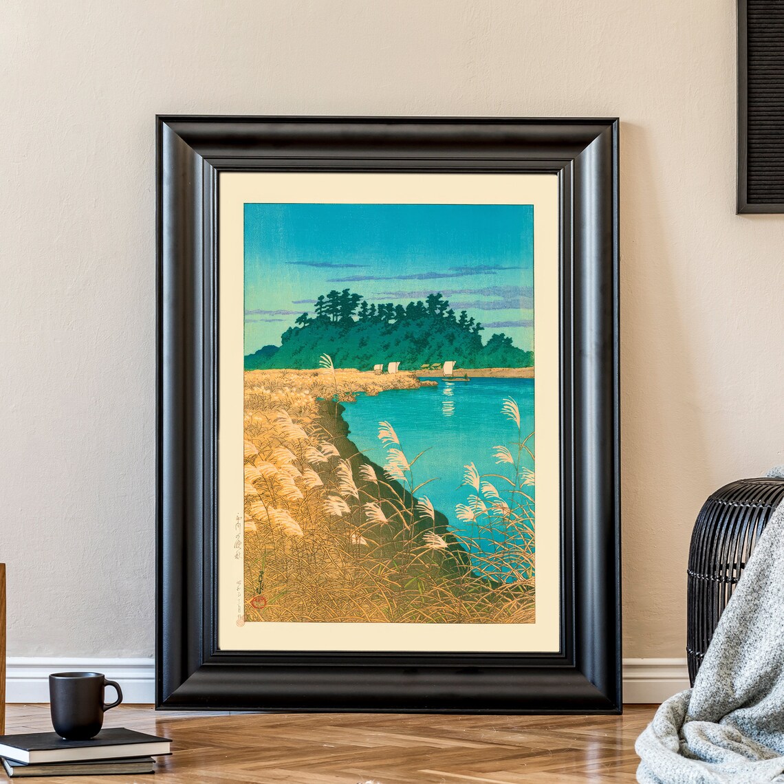 Japanese Lake Autumn Pampas Grass Sailboats Woodblock Art Poster - Image 2