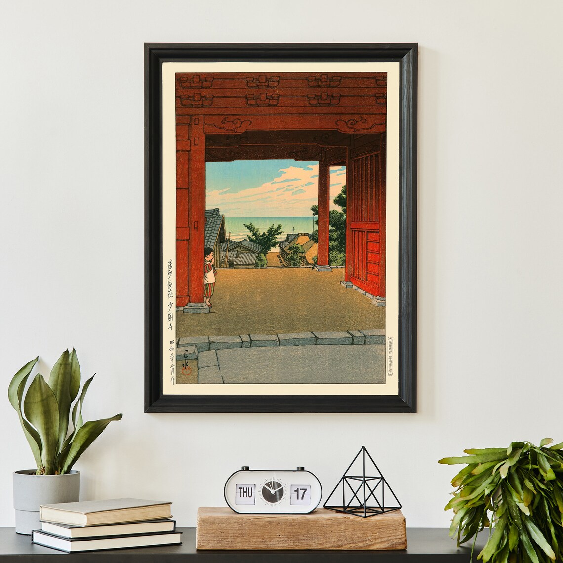 Japanese Red Temple Gate Sea View Woodblock Style Coastal Poster - Image 2