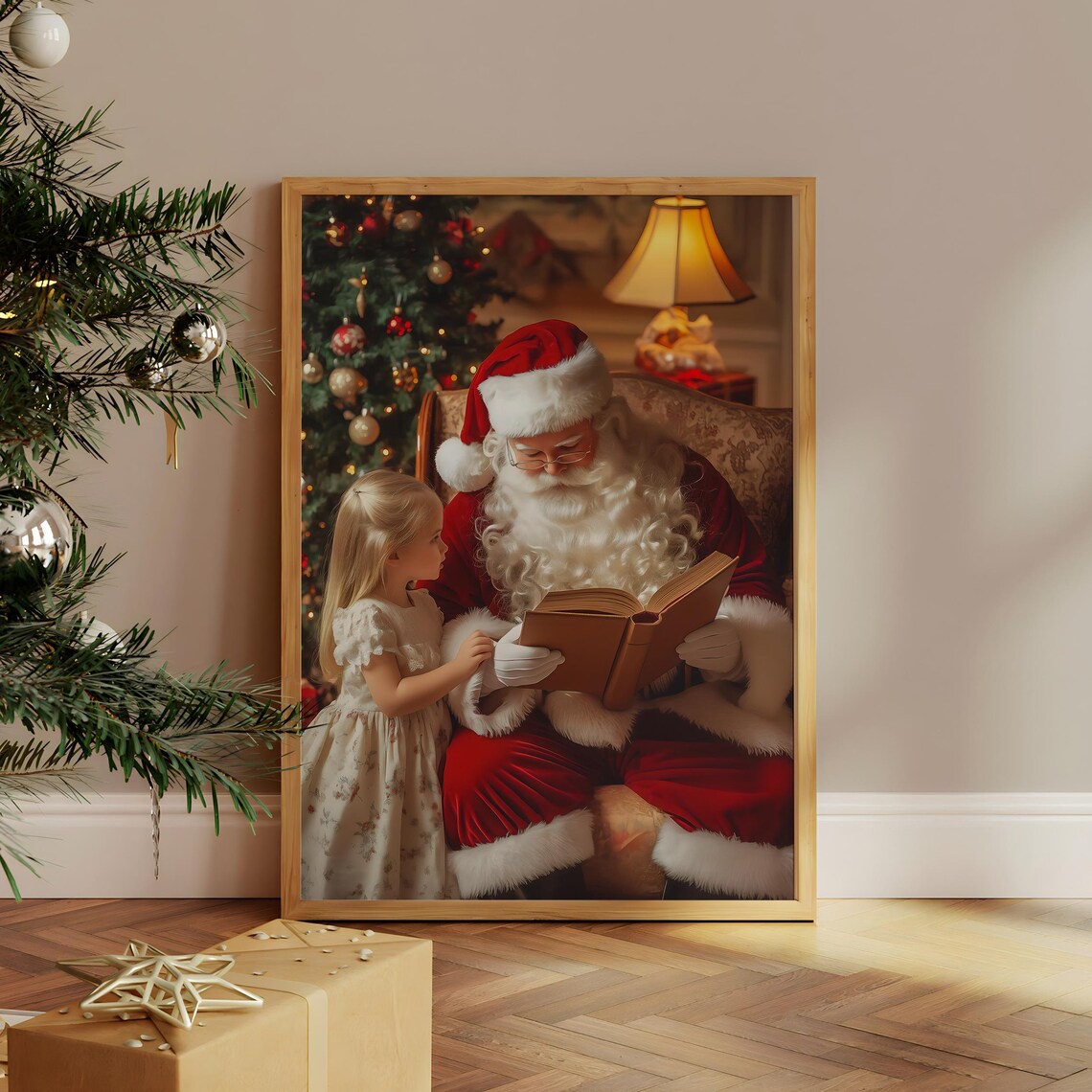 Cozy Santa Reading Christmas Story To Little Girl By Tree Poster