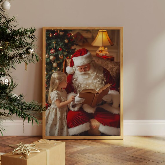 Cozy Santa Reading Christmas Story To Little Girl By Tree Poster