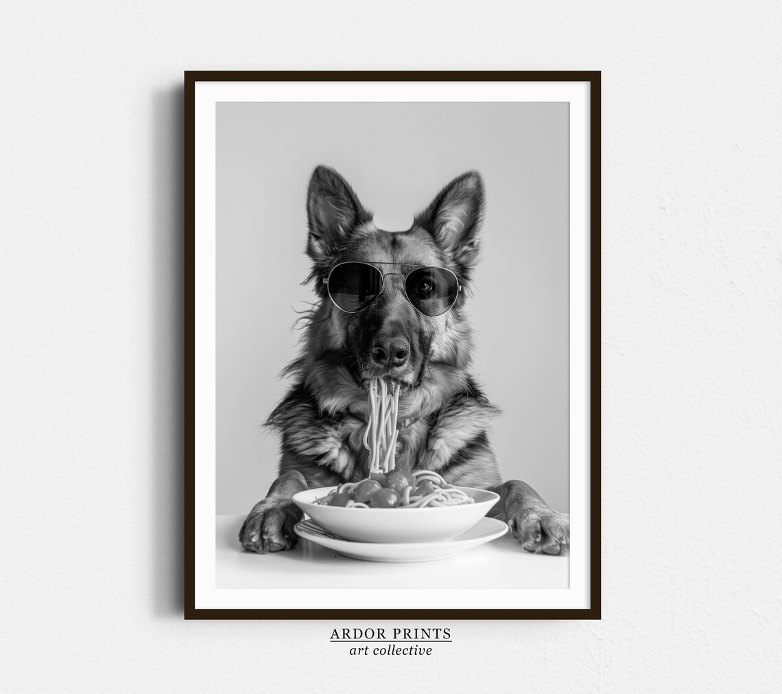 German Shepherd Eating Pasta Poster, Kitchen Wall Decor